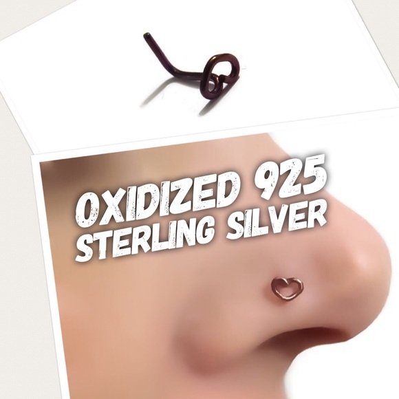 22G 20G 18G Oxidized 925 Sterling Silver Heart L-Shaped Nose Ring Stud - Picture 1 of 7
